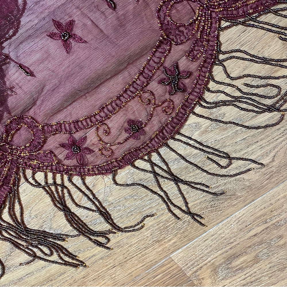 Vintage Y2K Beaded Dress Vintage Embroidered Mesh Burgundy Bow Flapper Dress - Picture 12 of 14